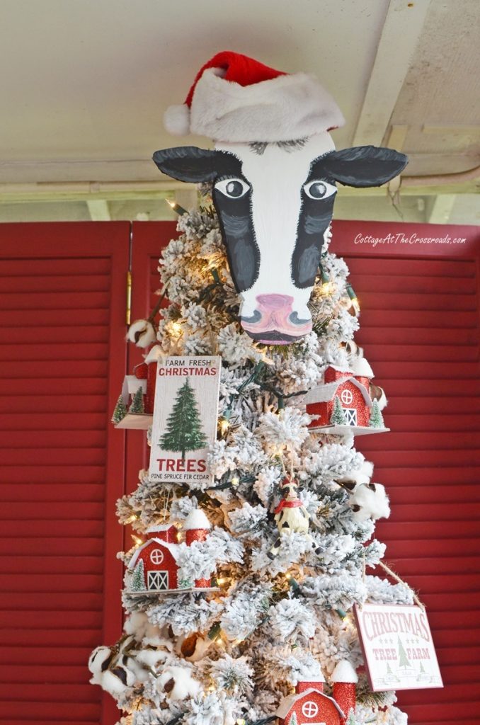 Christmas tree with a cow head topper