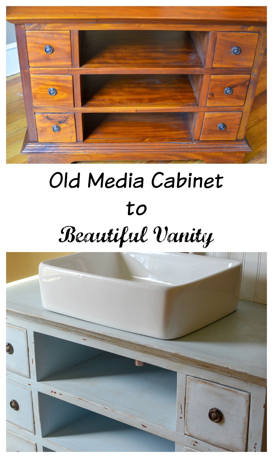 An old media cabinet gets repurposed into a vanity