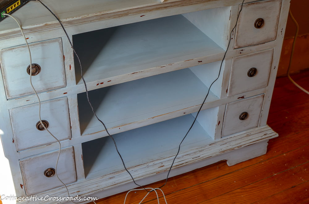 Repurposed vanity painted with chalk-like paint