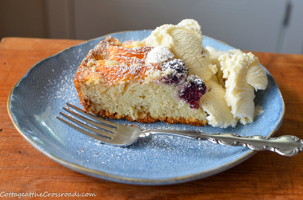 Slice of blackberry peach buckle with ice cream