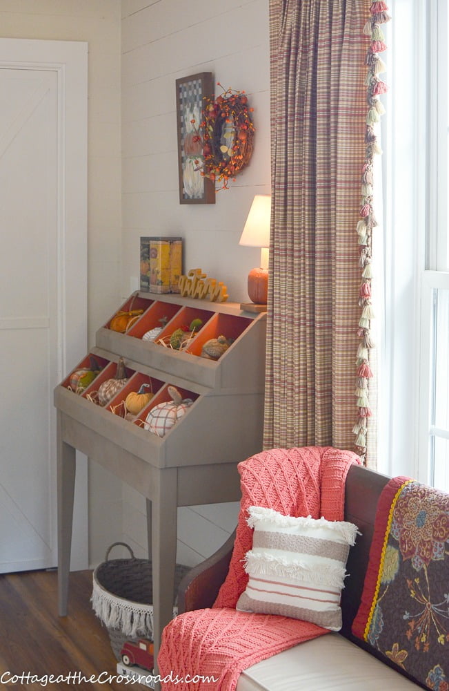 Fall decorated cubby in the mudroom/laundry