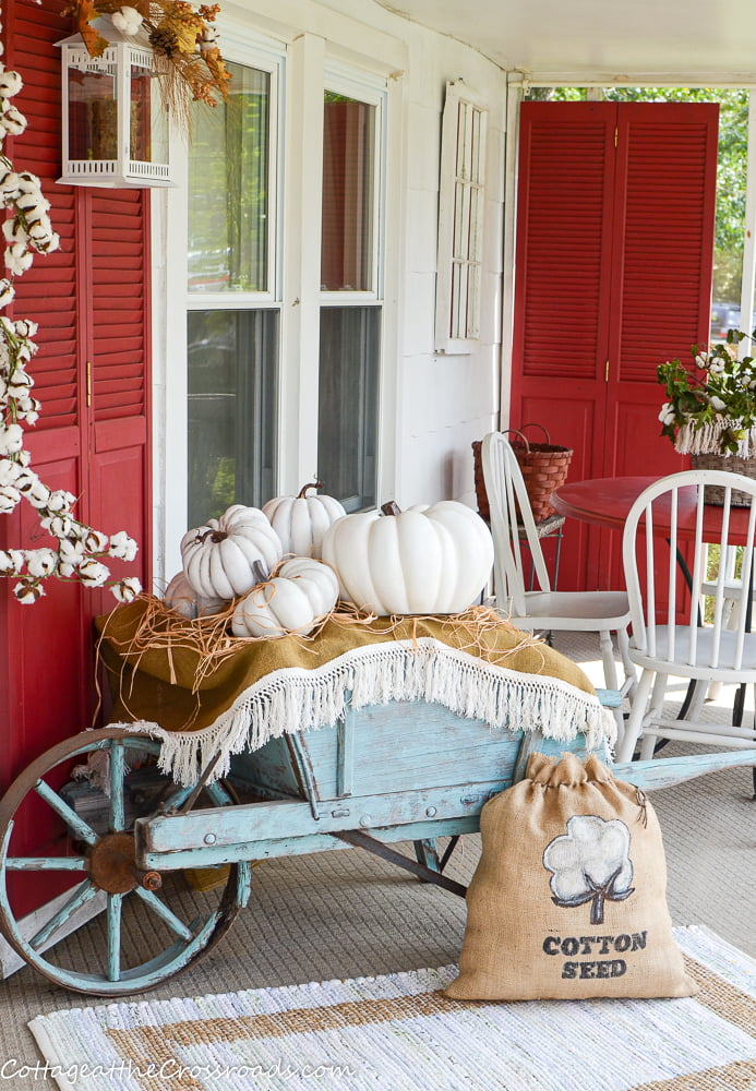 Diy cotton seed bag on a fall front porch