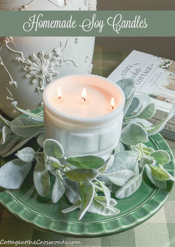 Homemade soy candle in a vintage milk glass container