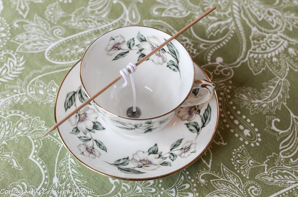 Vintage tea cup used in making a homemade candle