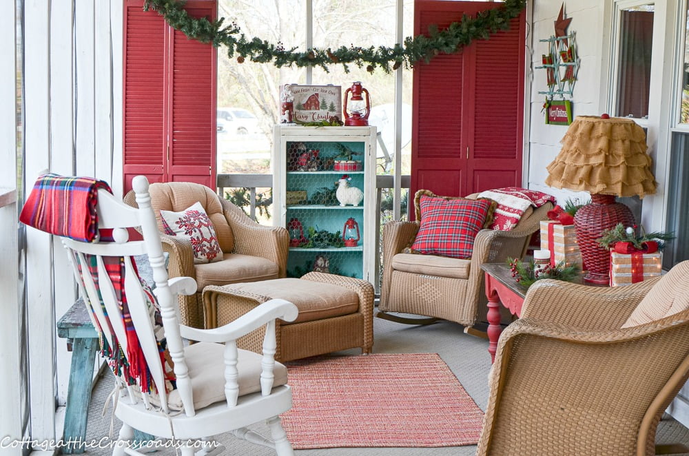 Plaid, aqua, and red christmas front porch