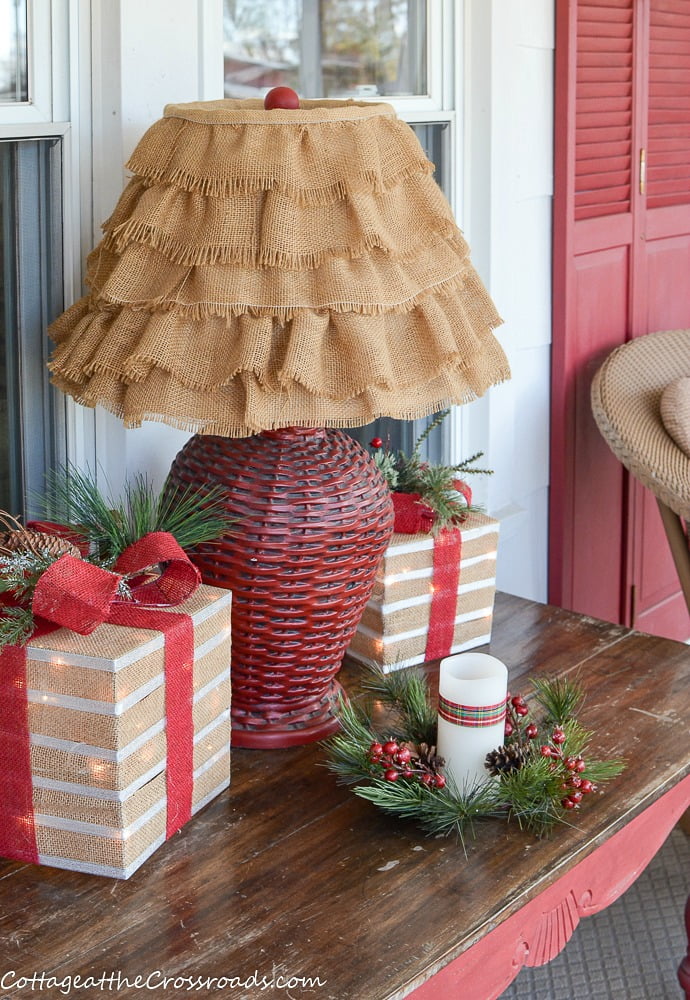 Lamp with burlap shade and lighted boxes