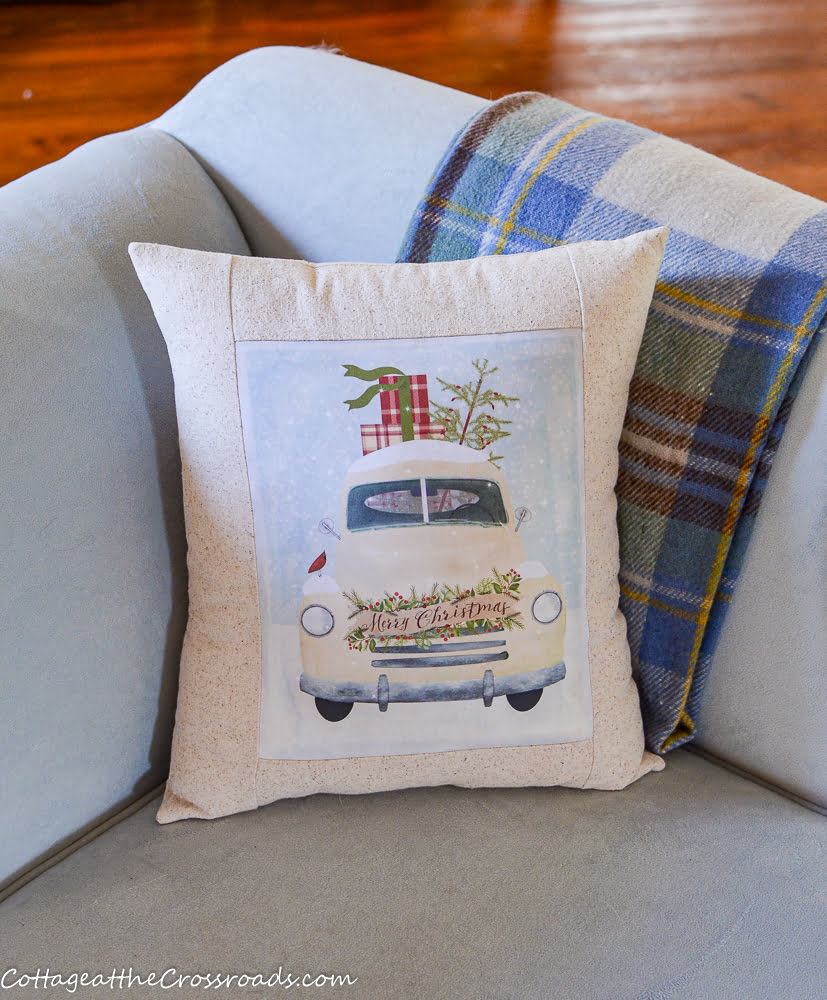 White truck christmas pillow