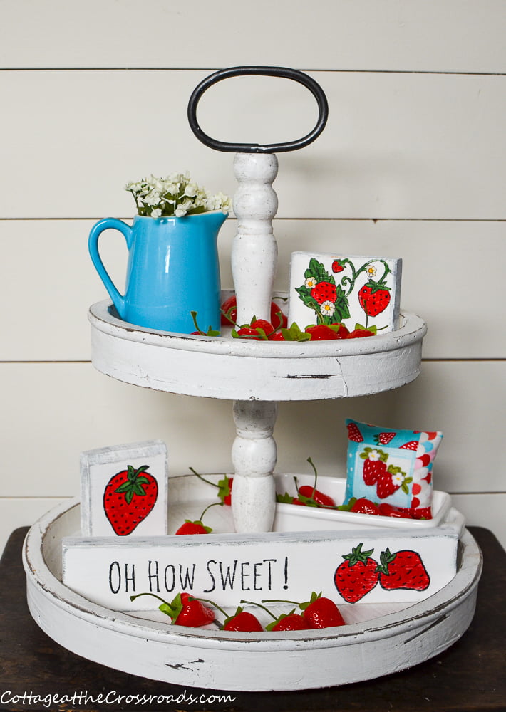 Tiered tray with strawberry mini wooden signs