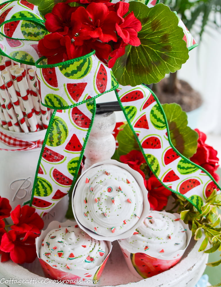 Watermelon ribbon and fake watermelon cupcakes