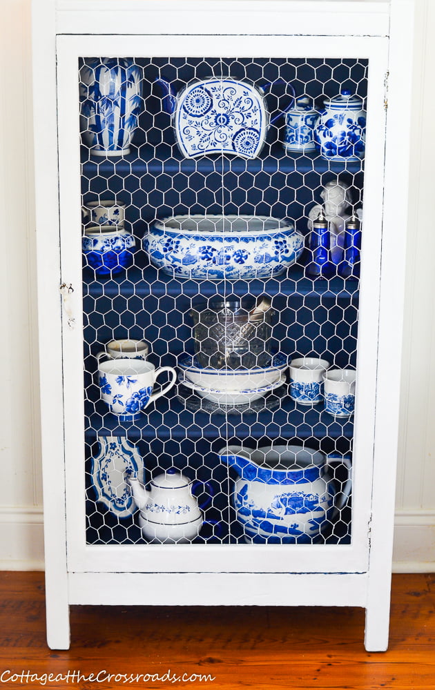 Blue and white china in an old cupboard