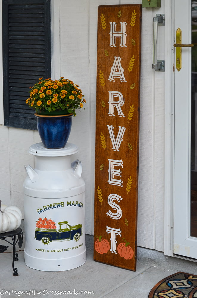 Harvest porch sign and old milk can