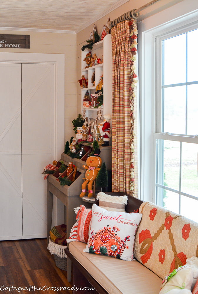 Church pew in mudroom