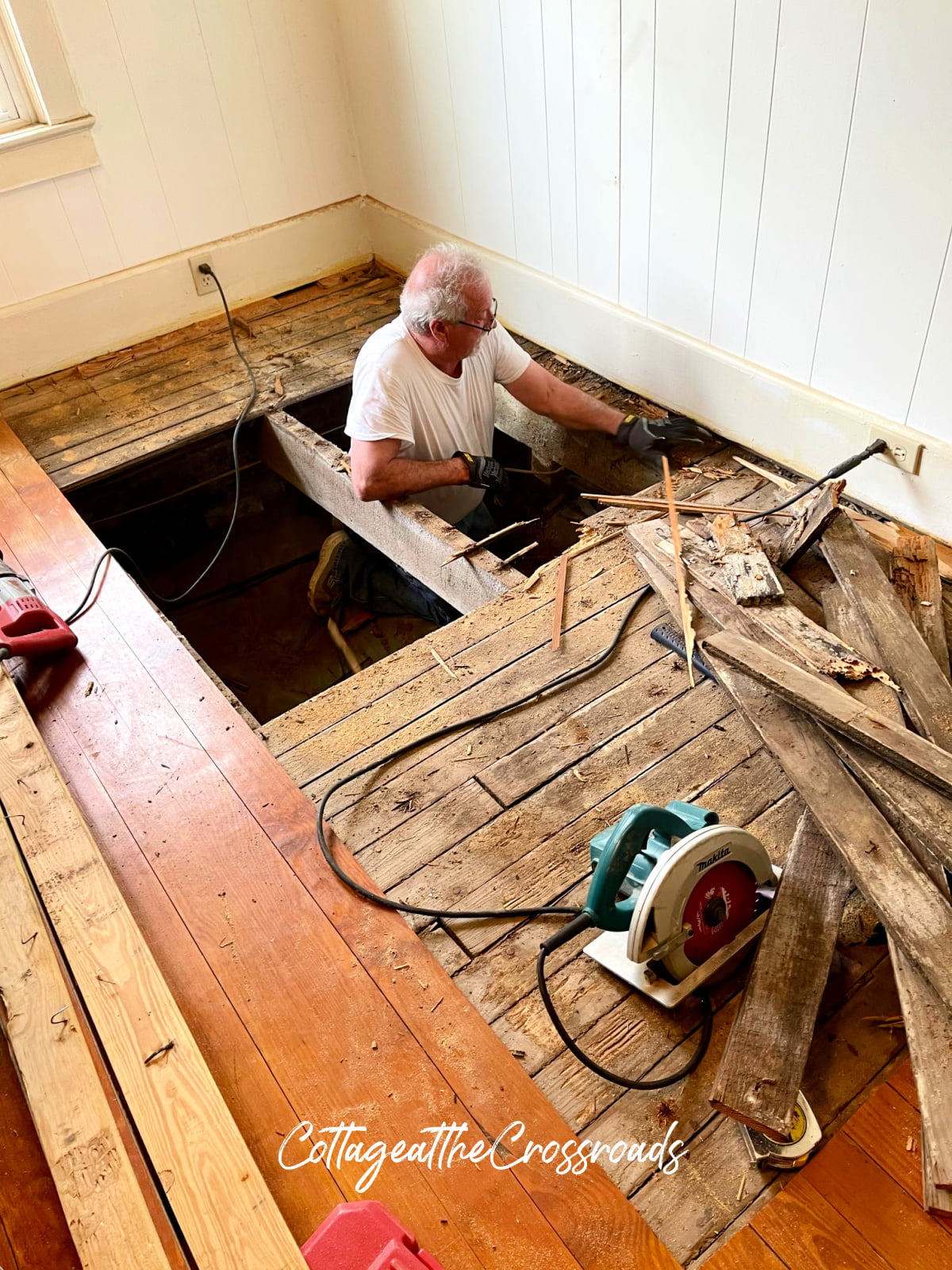 Removing water damaged old pine floors
