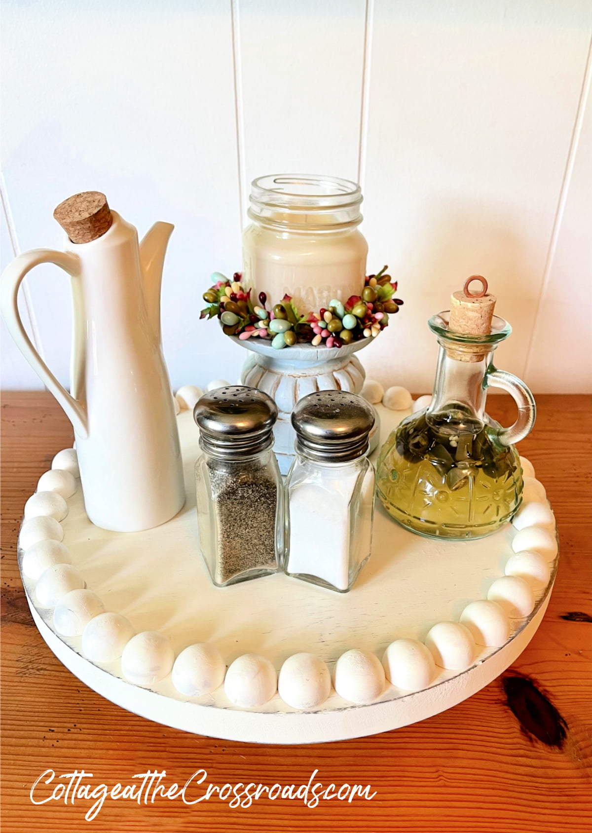 Farmhouse lazy susan with condiments and candle