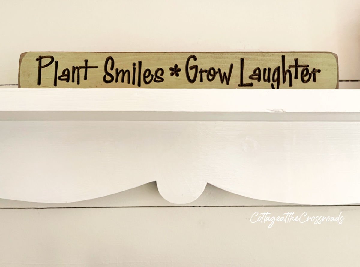 Plant smiles grow laughter sign on shelf