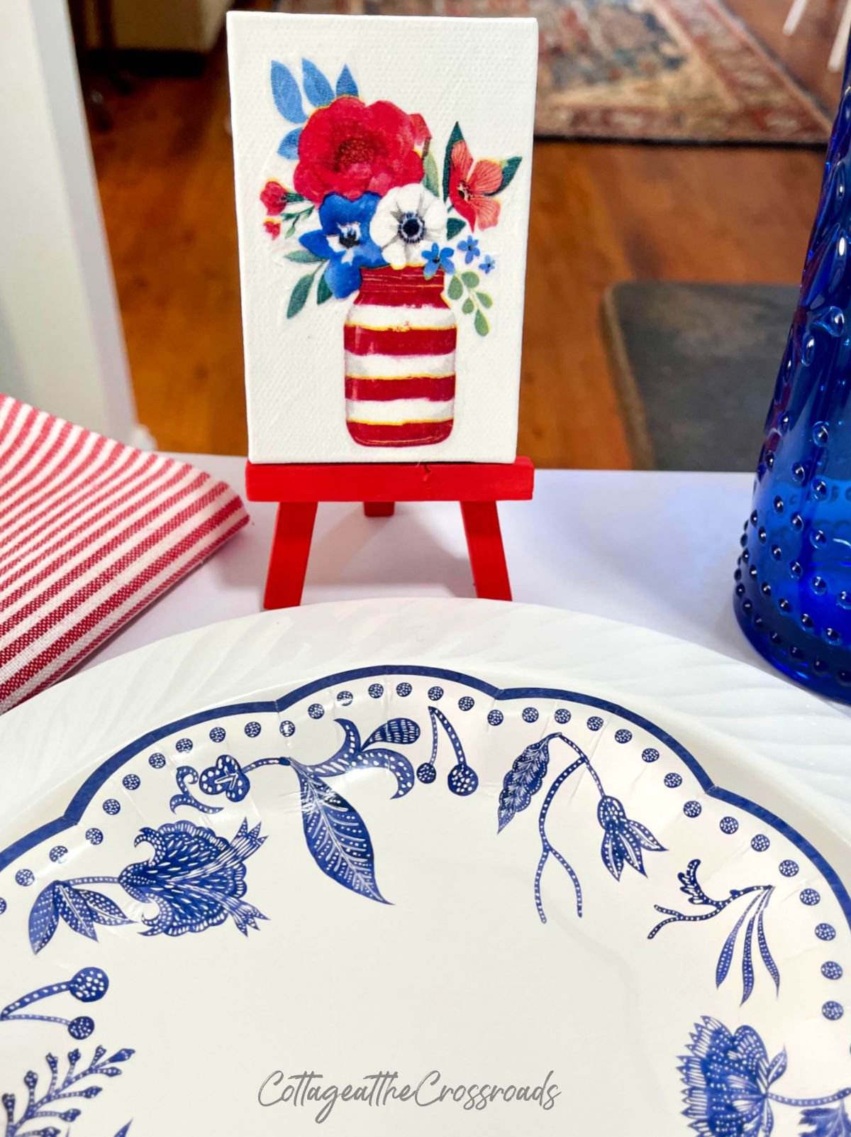 Painted mini easels used in a patriotic table setting