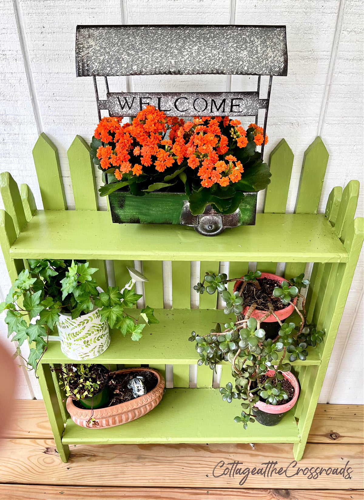 Green bookcase with pickets