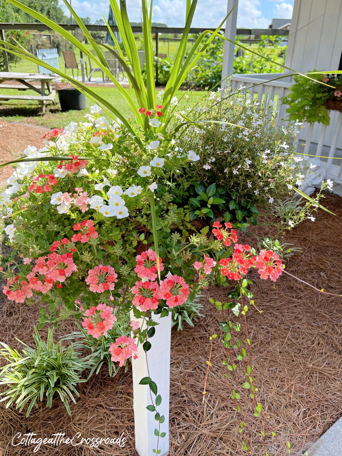 Flowers in a basket on a wooden post