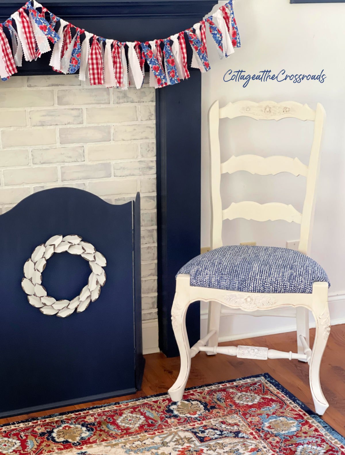 White painted chair beside mantel