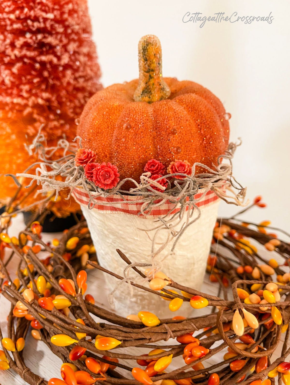 Orange pumpkin on top of a painted peat pot