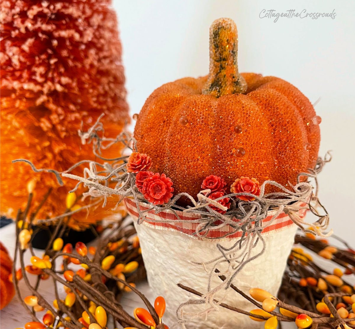 Orange pumpkin on top of a painted peat pot