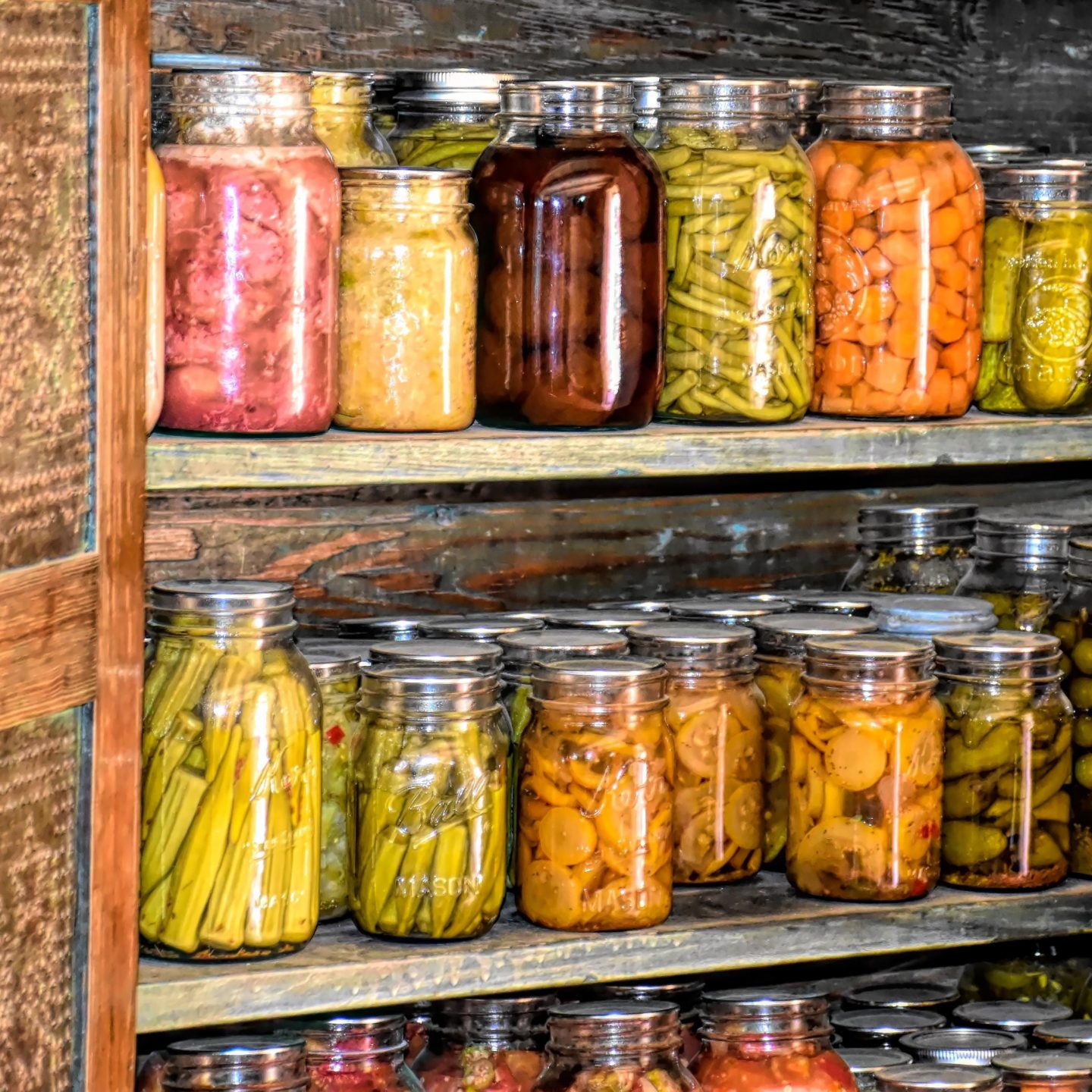 Freshly harvested garden ingredients preserved in mason jars and store in my pantry shelf