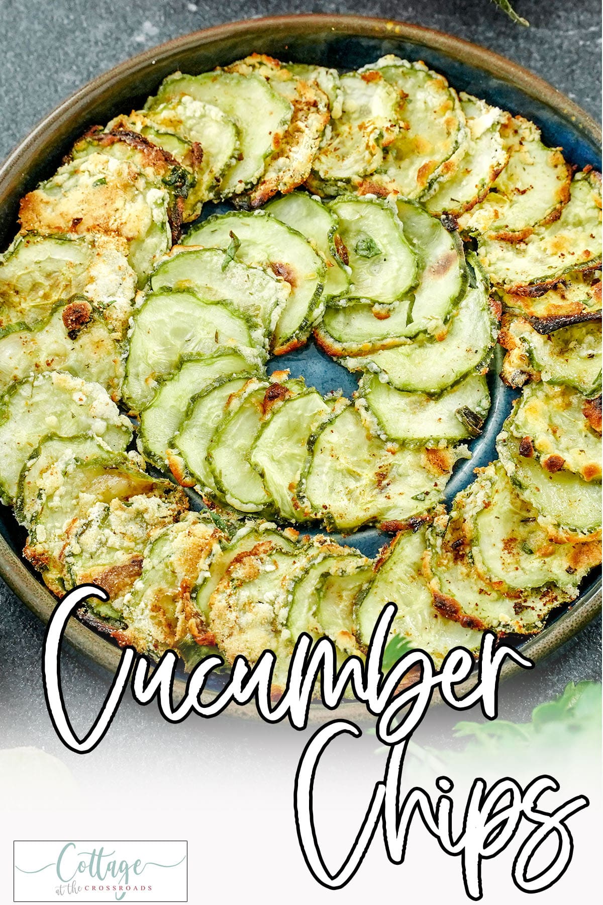 Overhead view of homemade cucumber chips with text which reads cucumber chips