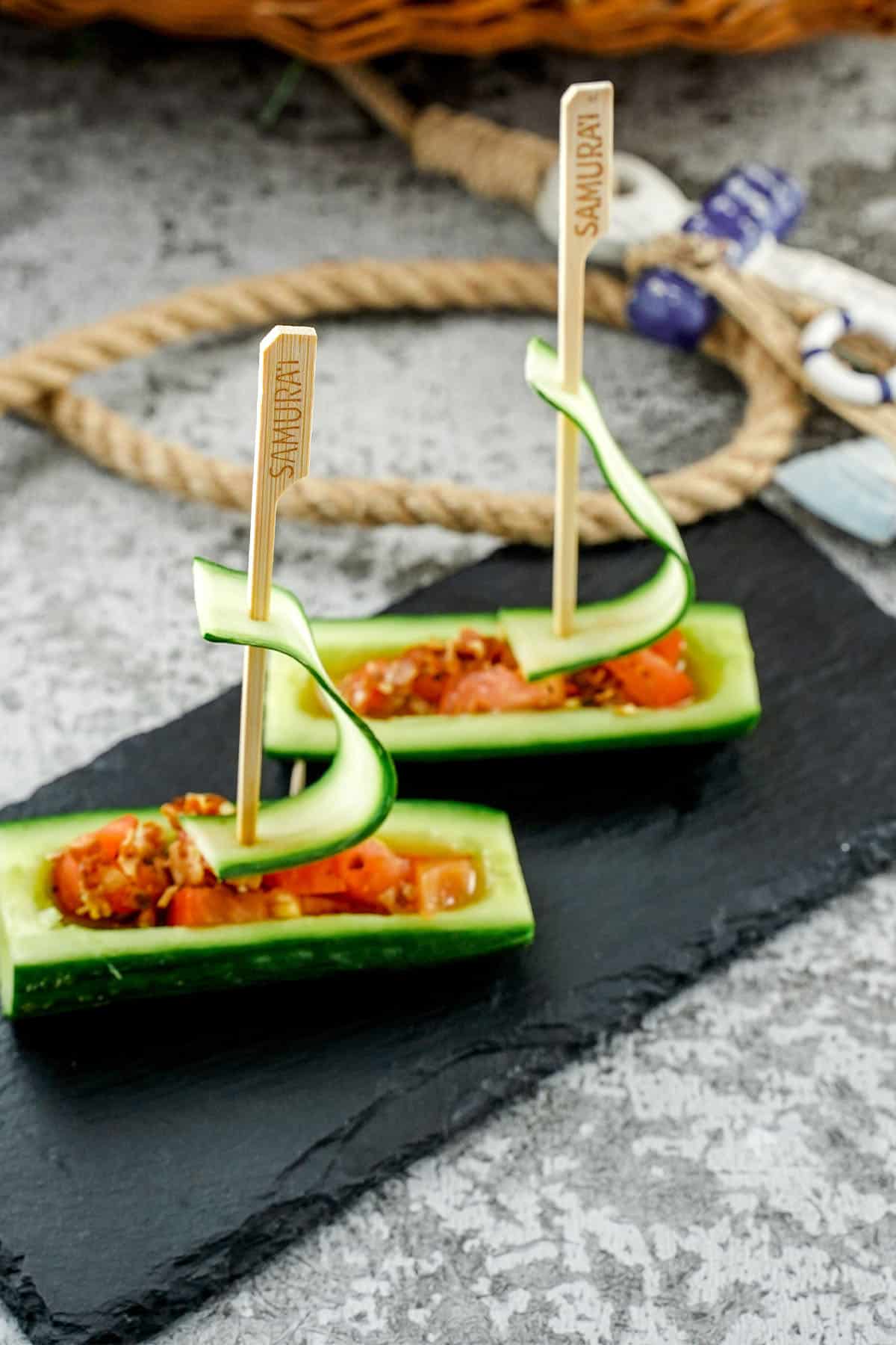 Cucumber salad boats on a plate