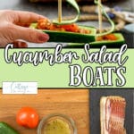 Photo collage of ingredients and finished product with text which reads cucumber salad boats