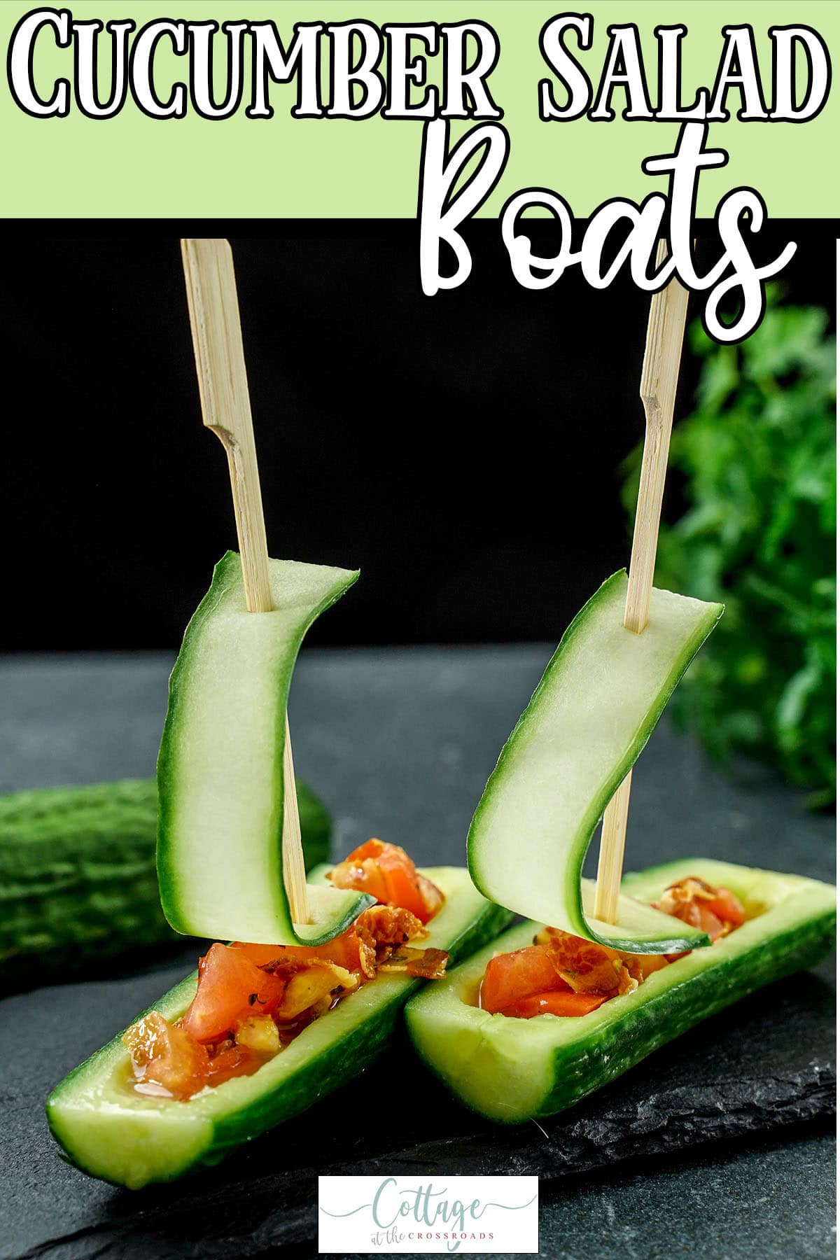 Fun salad recipe with text which reads cucumber salad boats