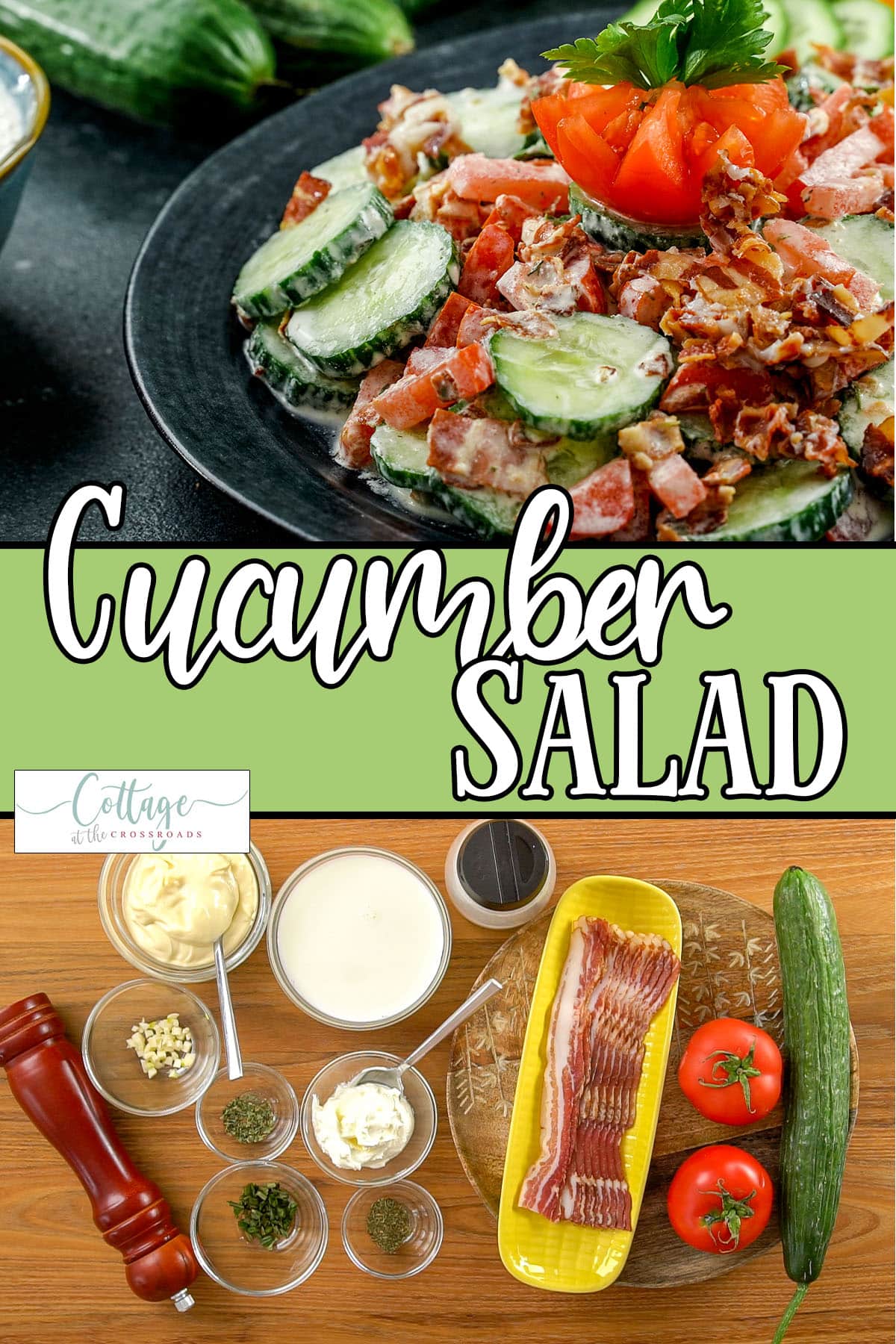 Photo collage of ingredients and finished salad with text which reads cucumber salad