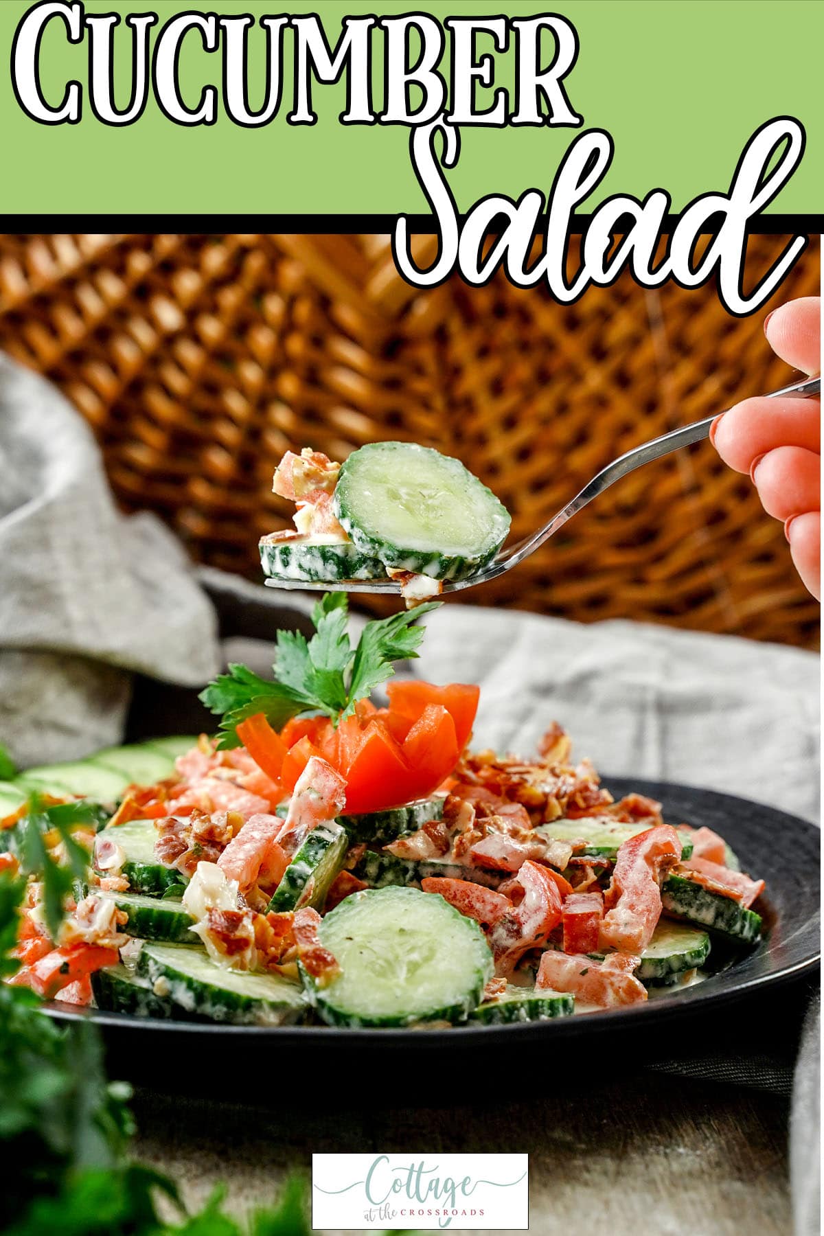 Fast and easy salad recipe without lettuce with text which reads cucumber salad