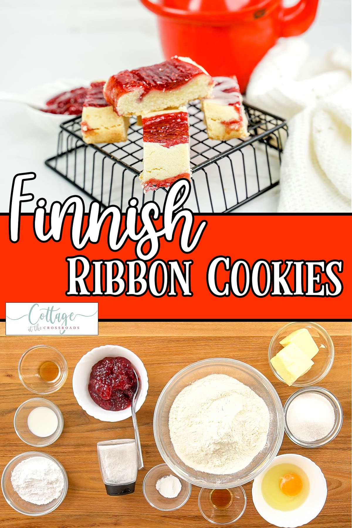 Photo collage of ingredients and finished cookies with text which reads finnish ribbon cookies