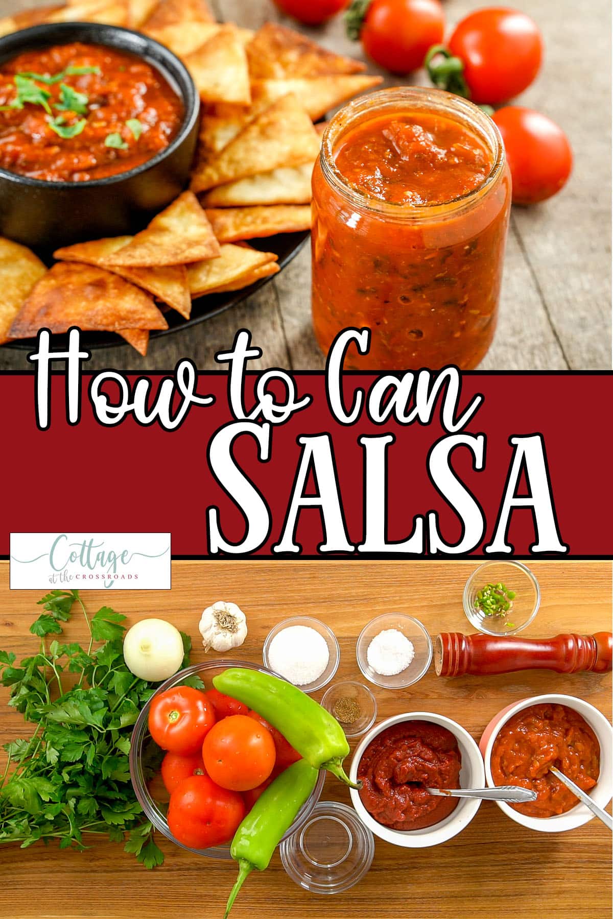 Photo collage of jar of salsa and ingredients to make salsa with text which reads how to can salsa