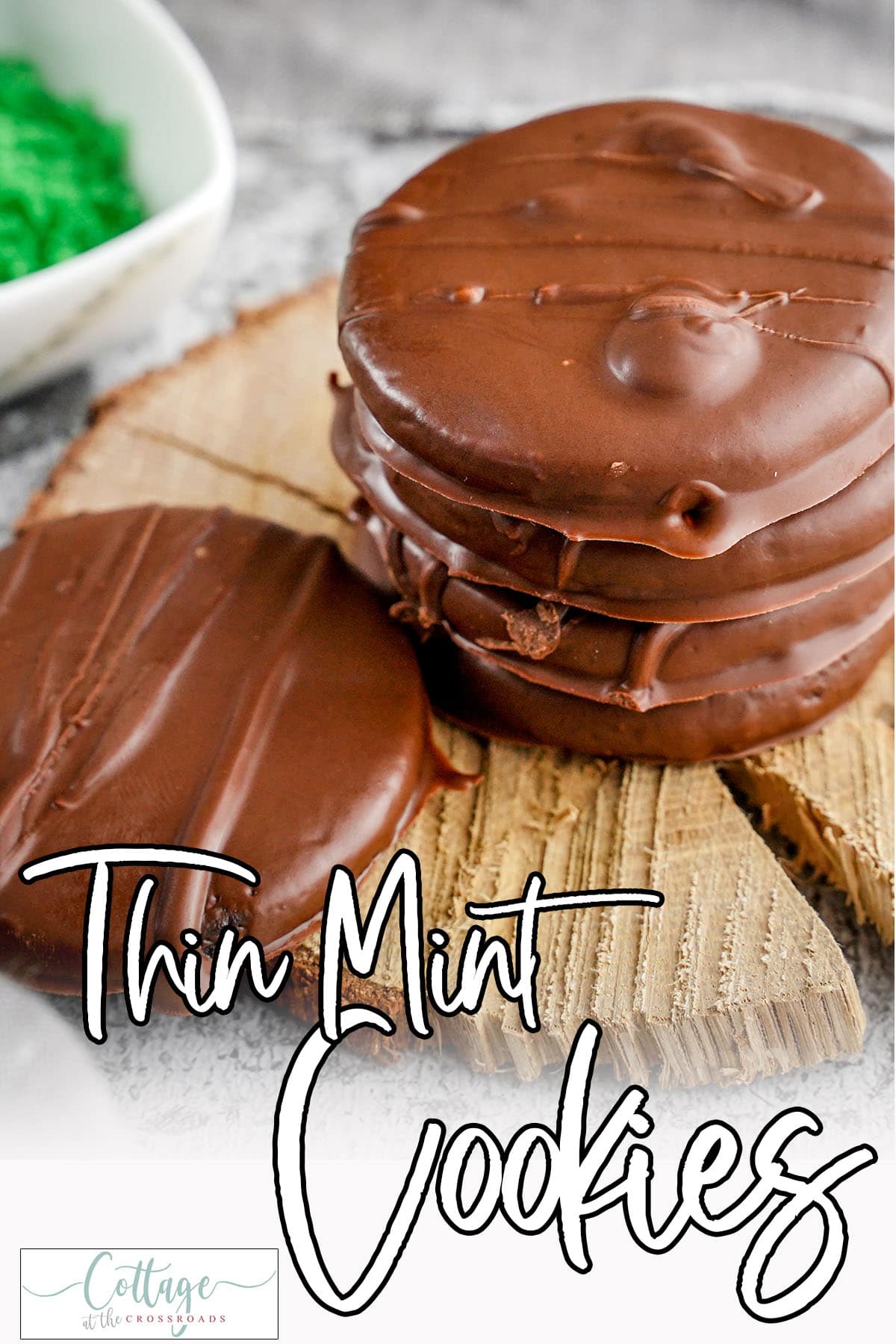 Closeup of homemade thin mints with text which reads thin mint cookies