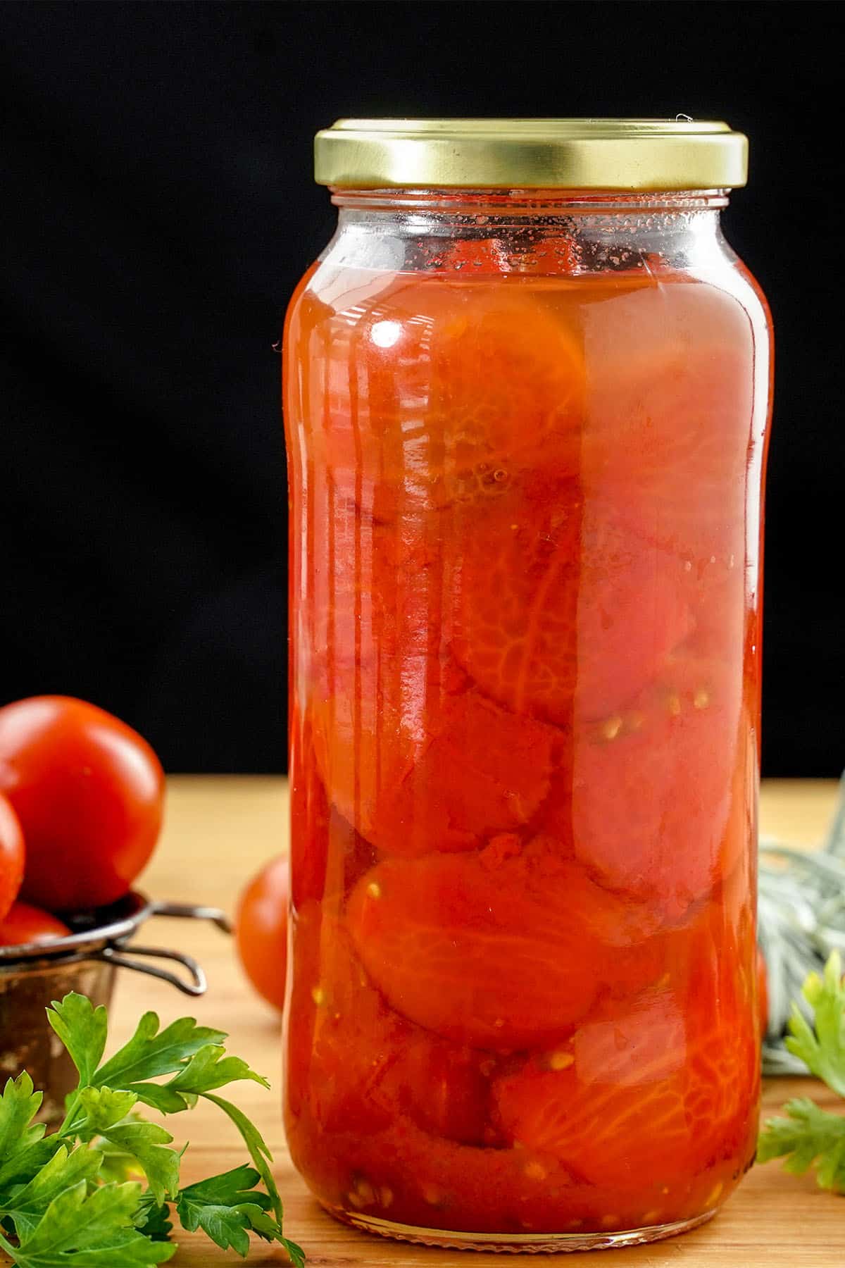 Closeup of homemade canned tomatoes