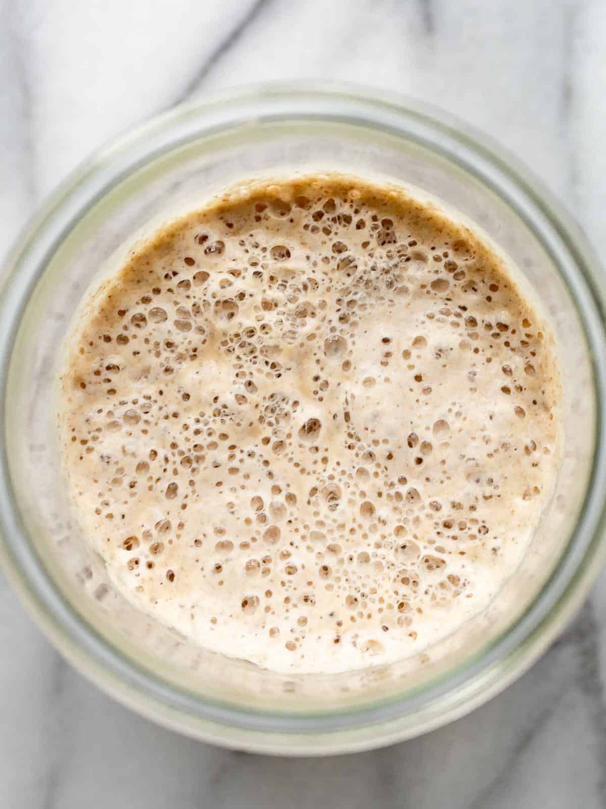 Easy sourdough starter in a glass jar.