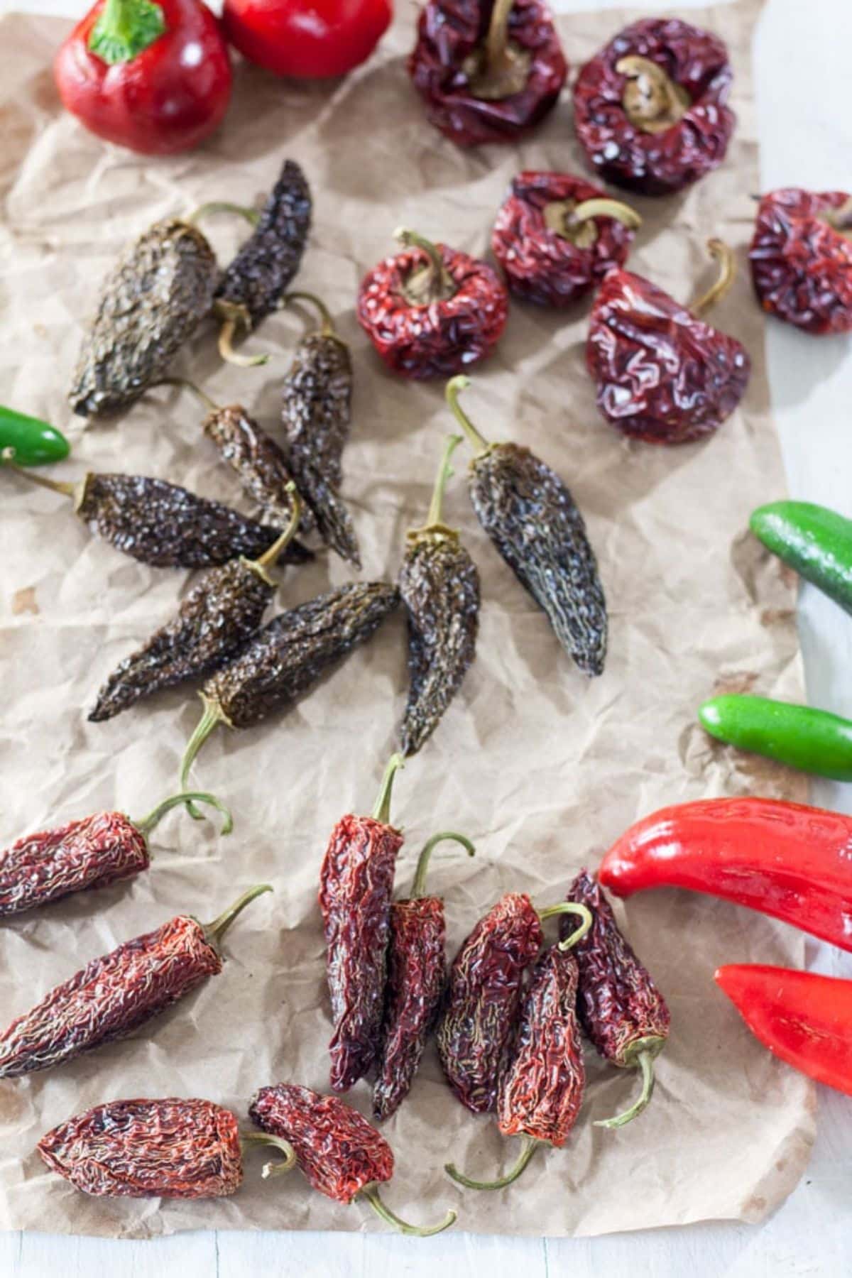 Different varieties of dried peppers on a piece of paper.