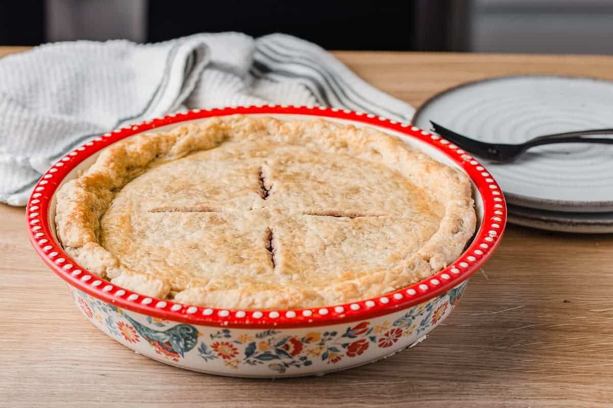 Sourdough pie crust in a baking tray.