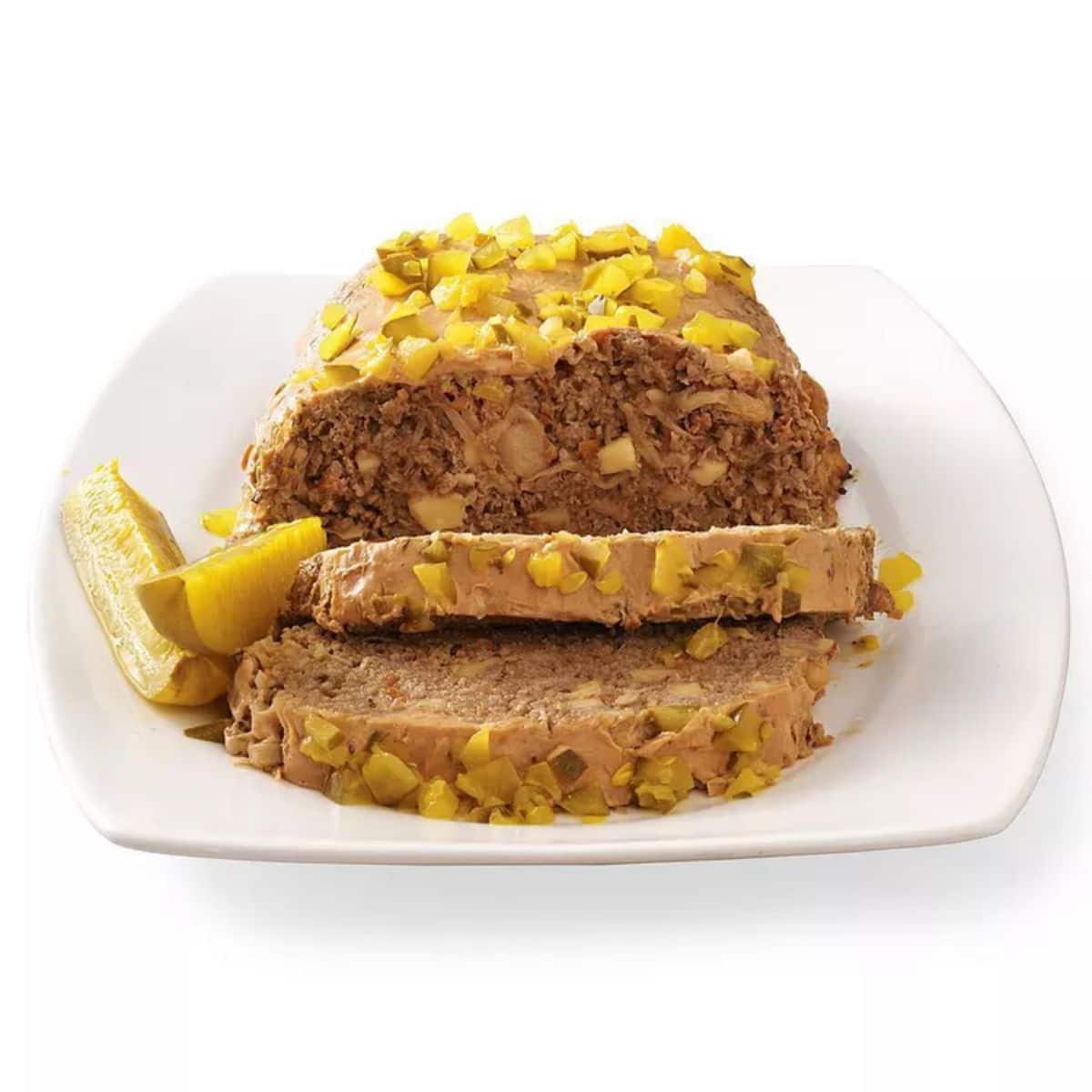 Rueben meatloaf on a white plate.