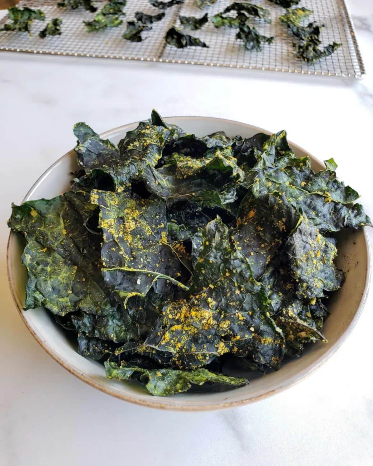 Krispy kale chips in a gray bowl.