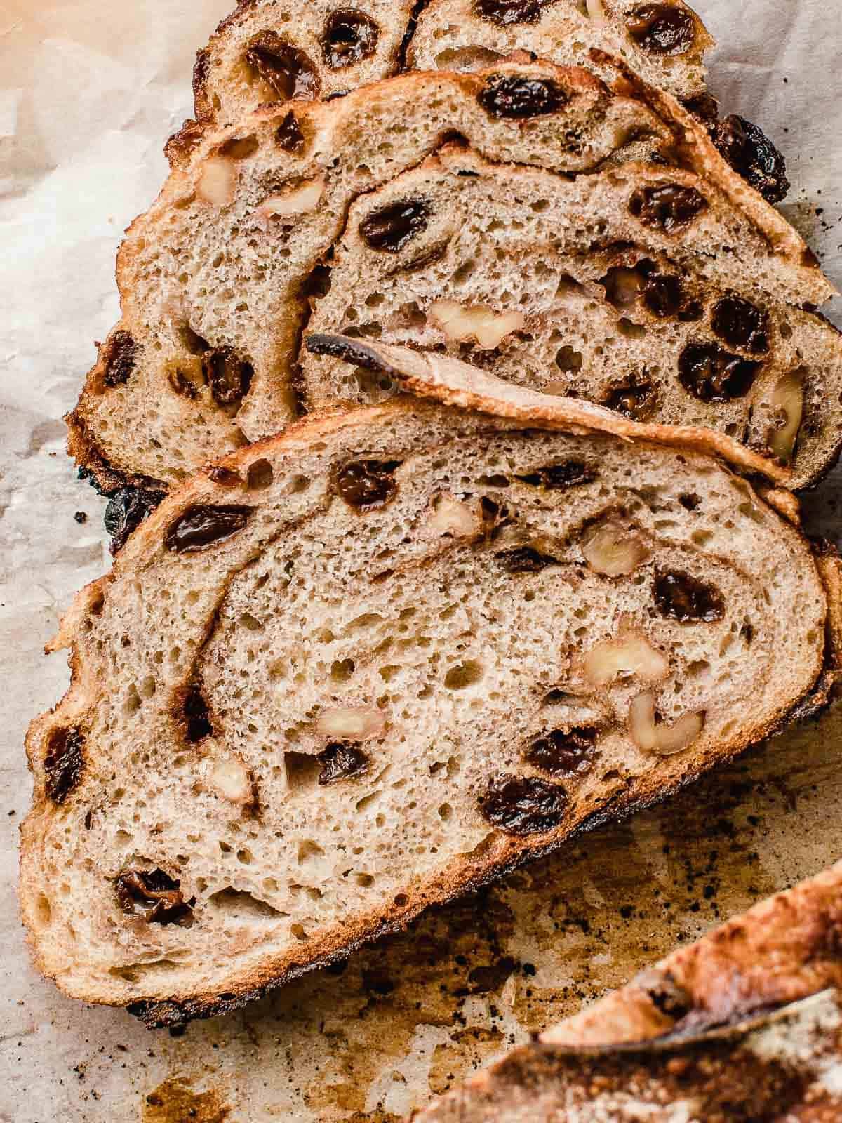 Slices of cinnamon raisin sourdough bread.