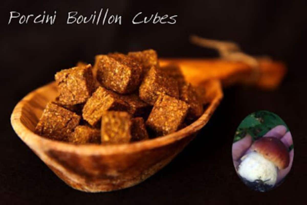 Porcini bullion cubes on a wooden spoon.