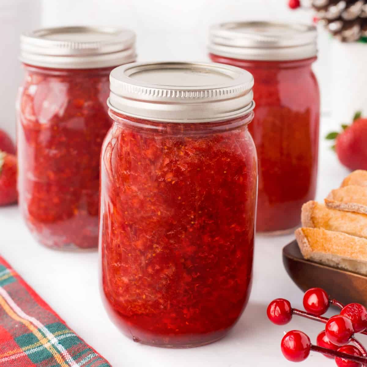 Amish christmas jam in glass jars.