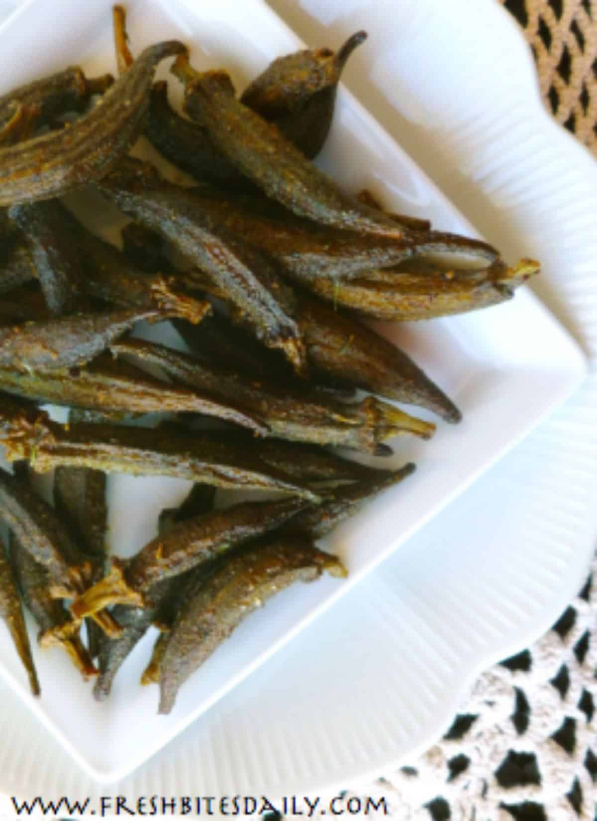 Dehydrated okra in a white bowl.