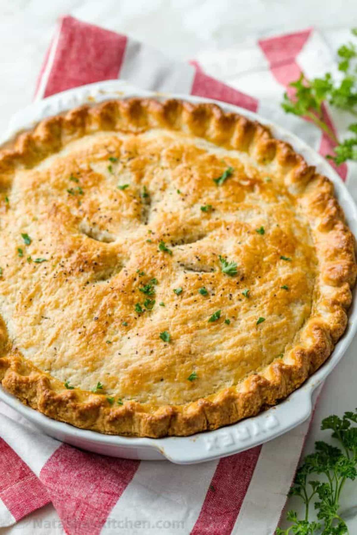 Delicious chicken pot pie on a table.