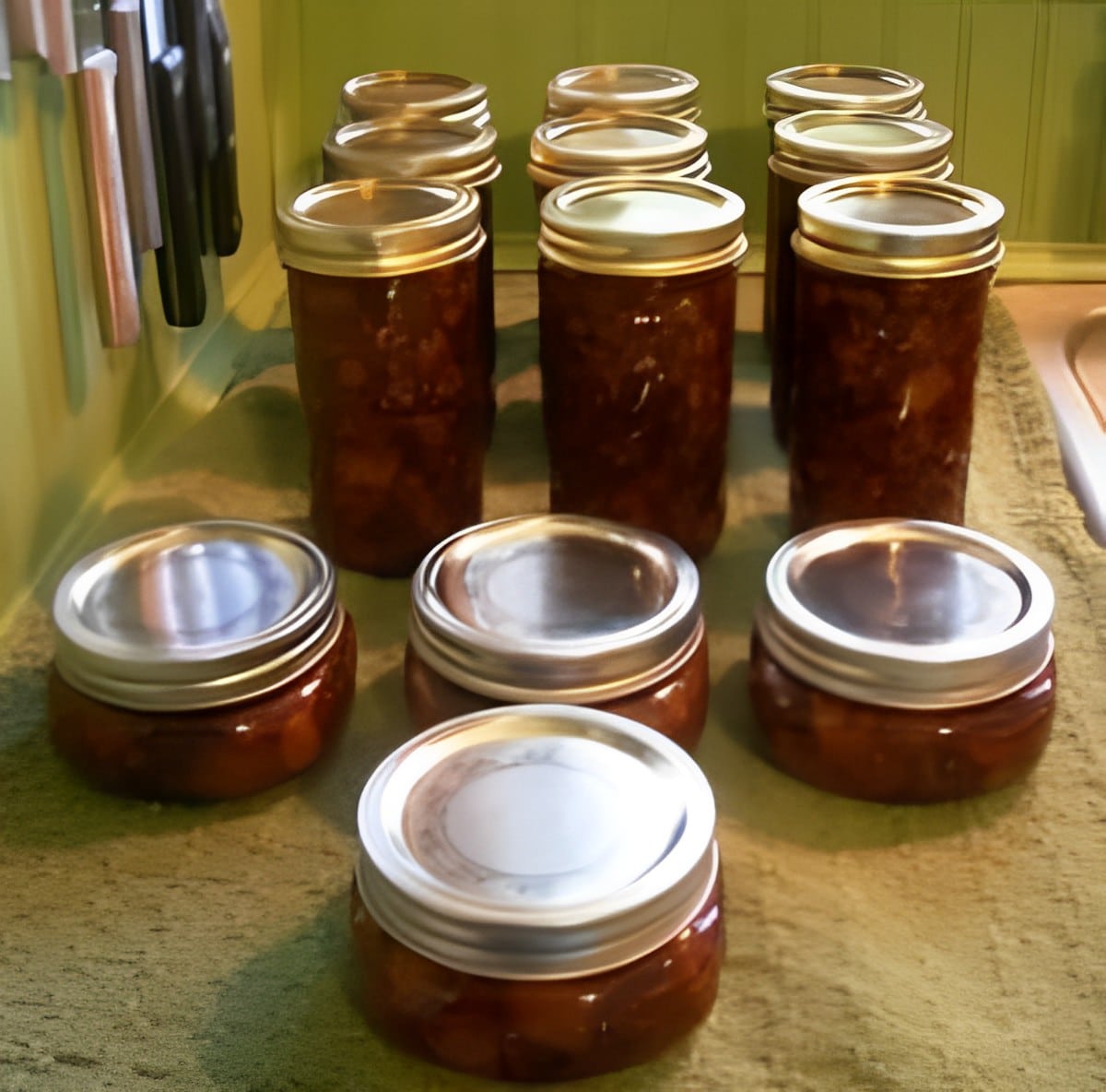Spicy pear chutney canned in glass jars.