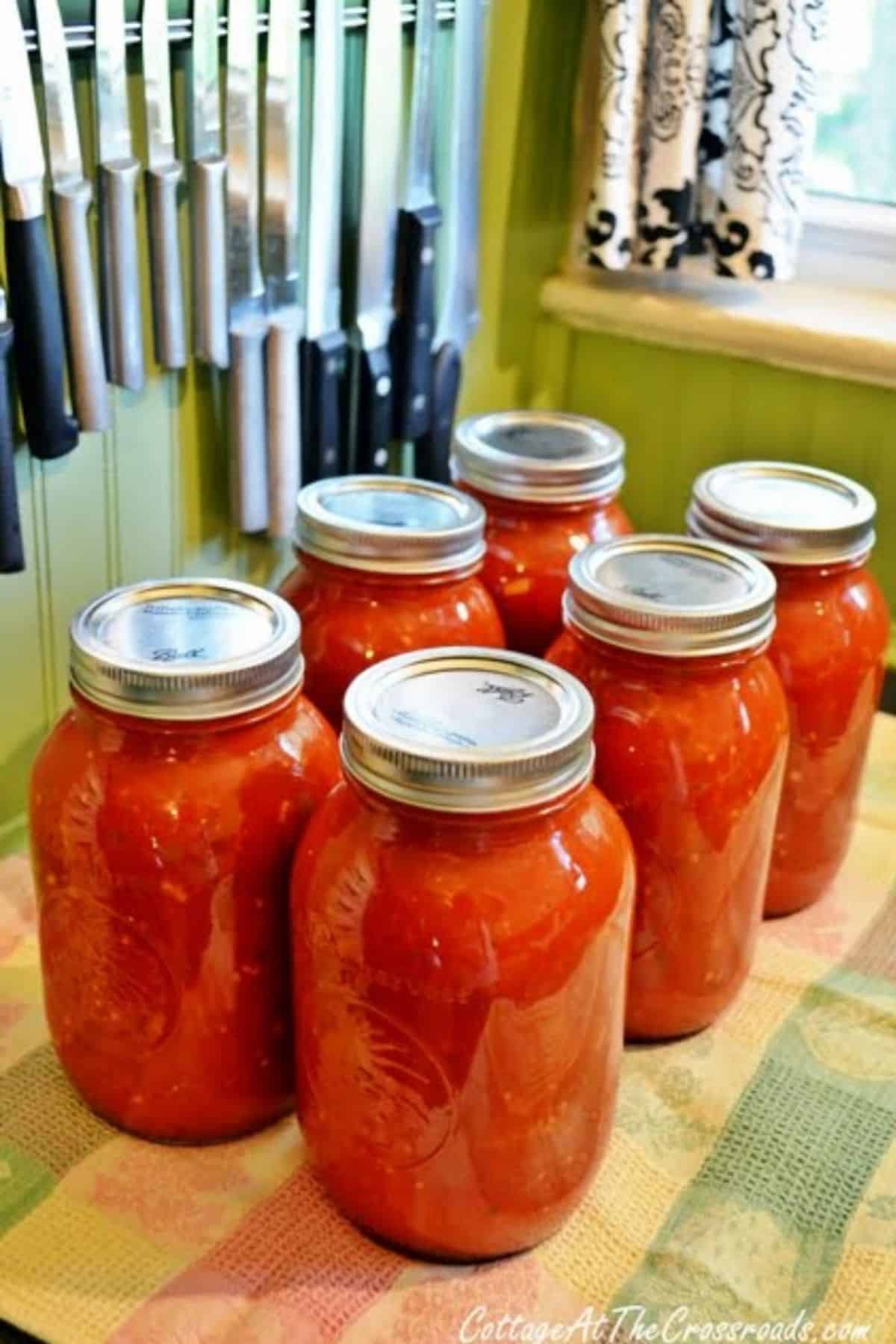 Homemade canned spaghetti sauce in glass jars.