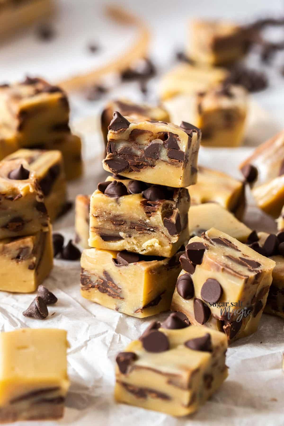 A bunch of delicious chocolate chip cookie dough fudges