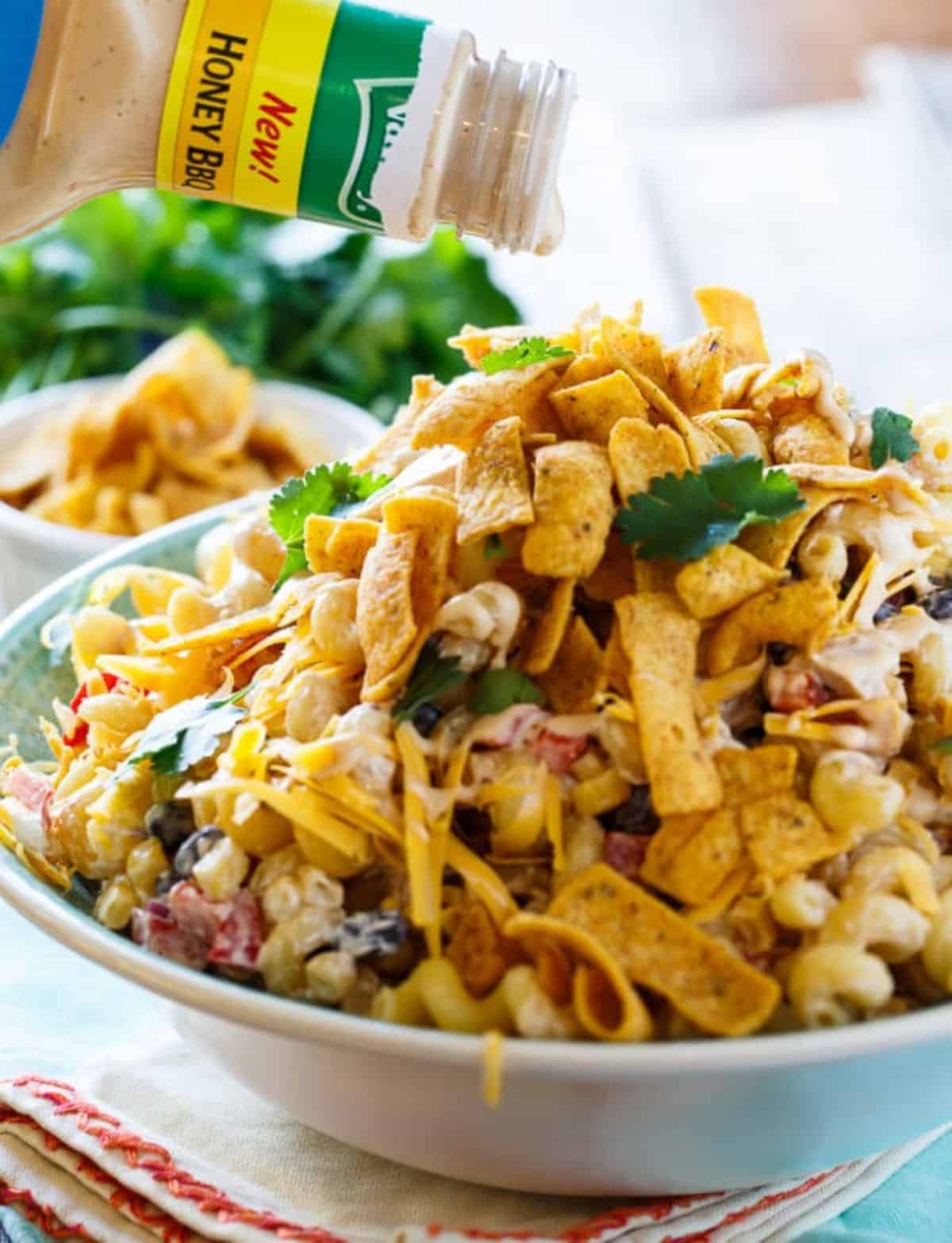 Healthy bbq ranch pasta salad in a bowl.